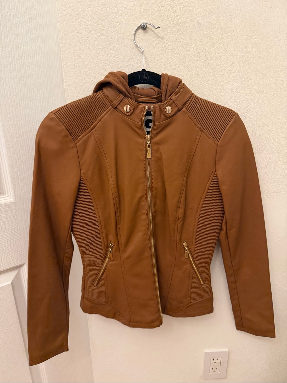 G by Guess Cognac Hooded Moto Jacket with Gold Hardware
